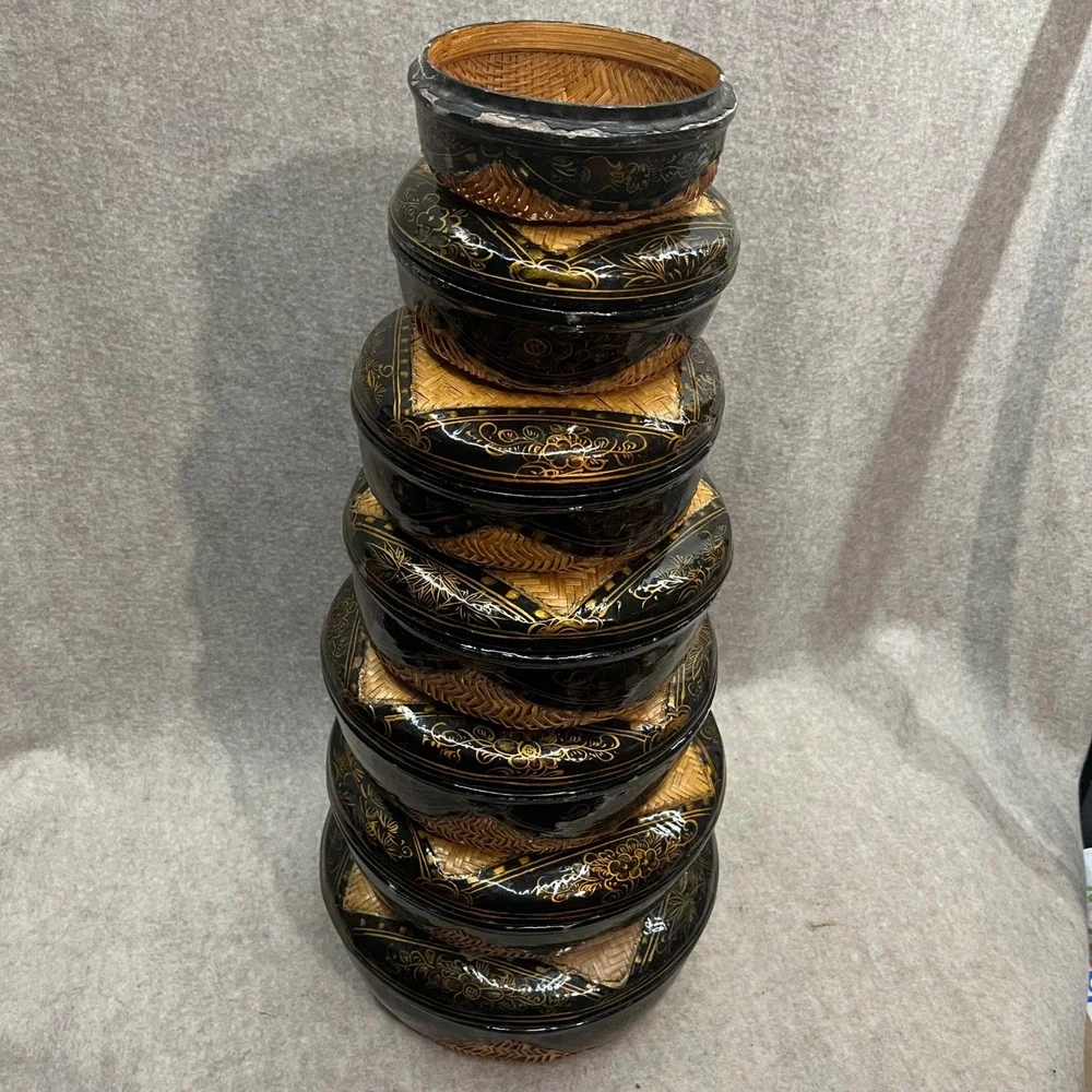 Vintage Hand Painted Black and‎ Gold Lacquer Woven Straw Asian Nesting Boxes Set